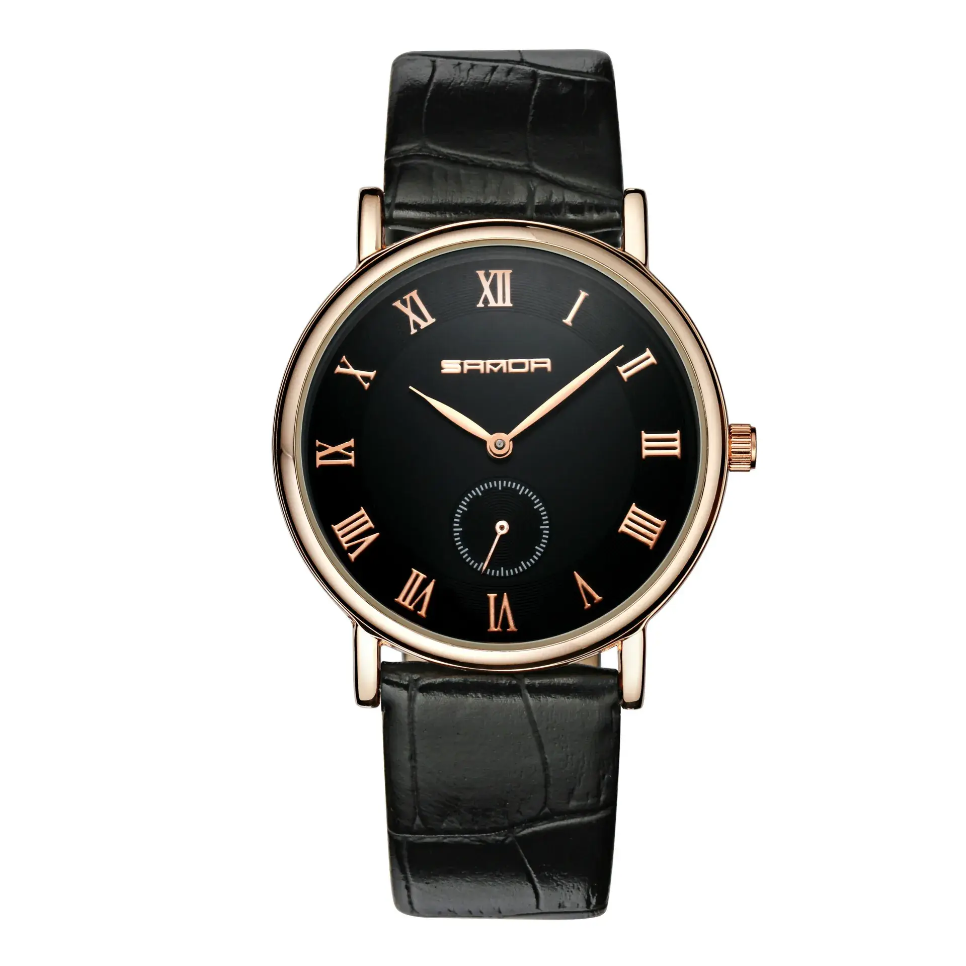 Men's Black Leather Strap Quartz Watch with Roman Numeral