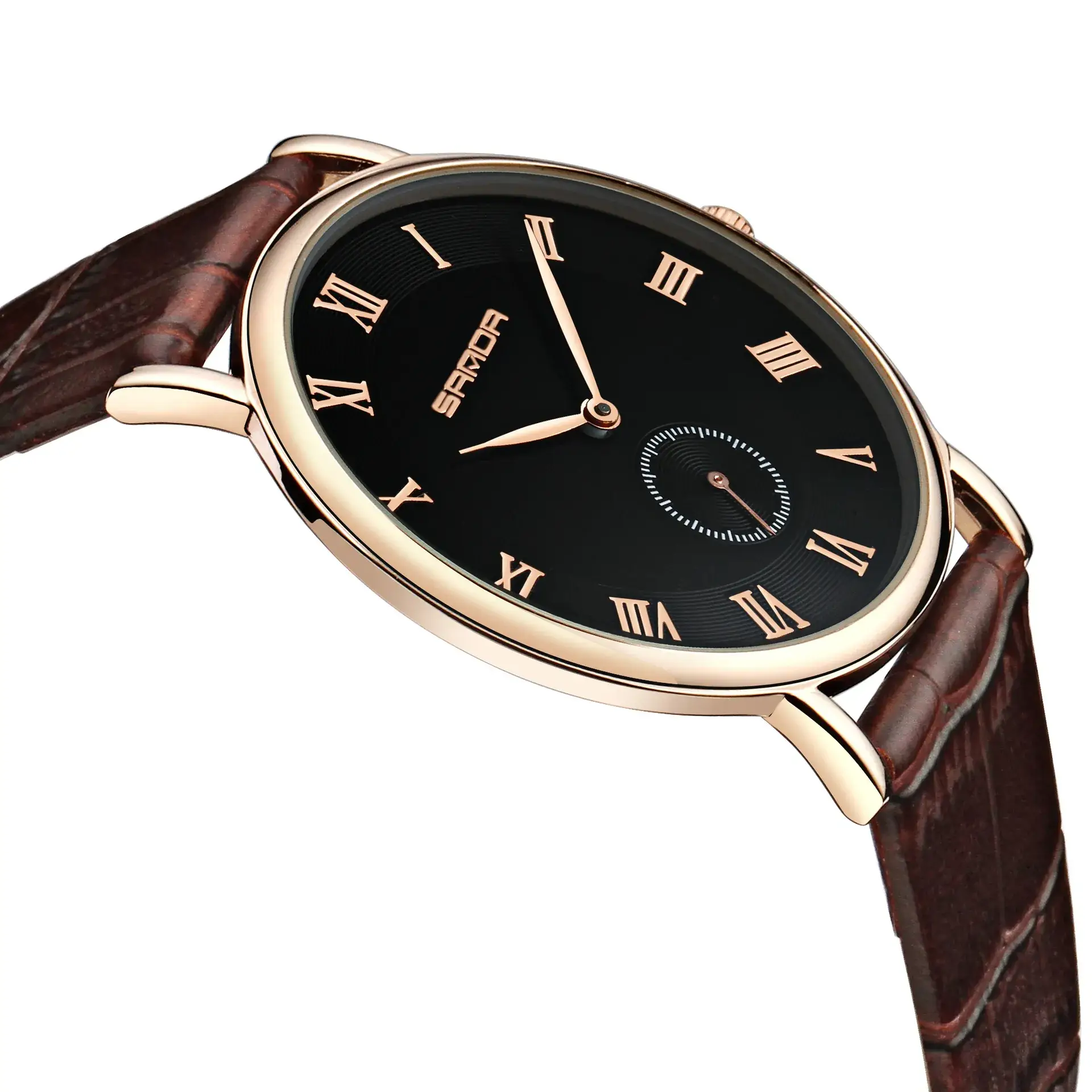 Men's Black Leather Strap Quartz Watch with Roman Numeral