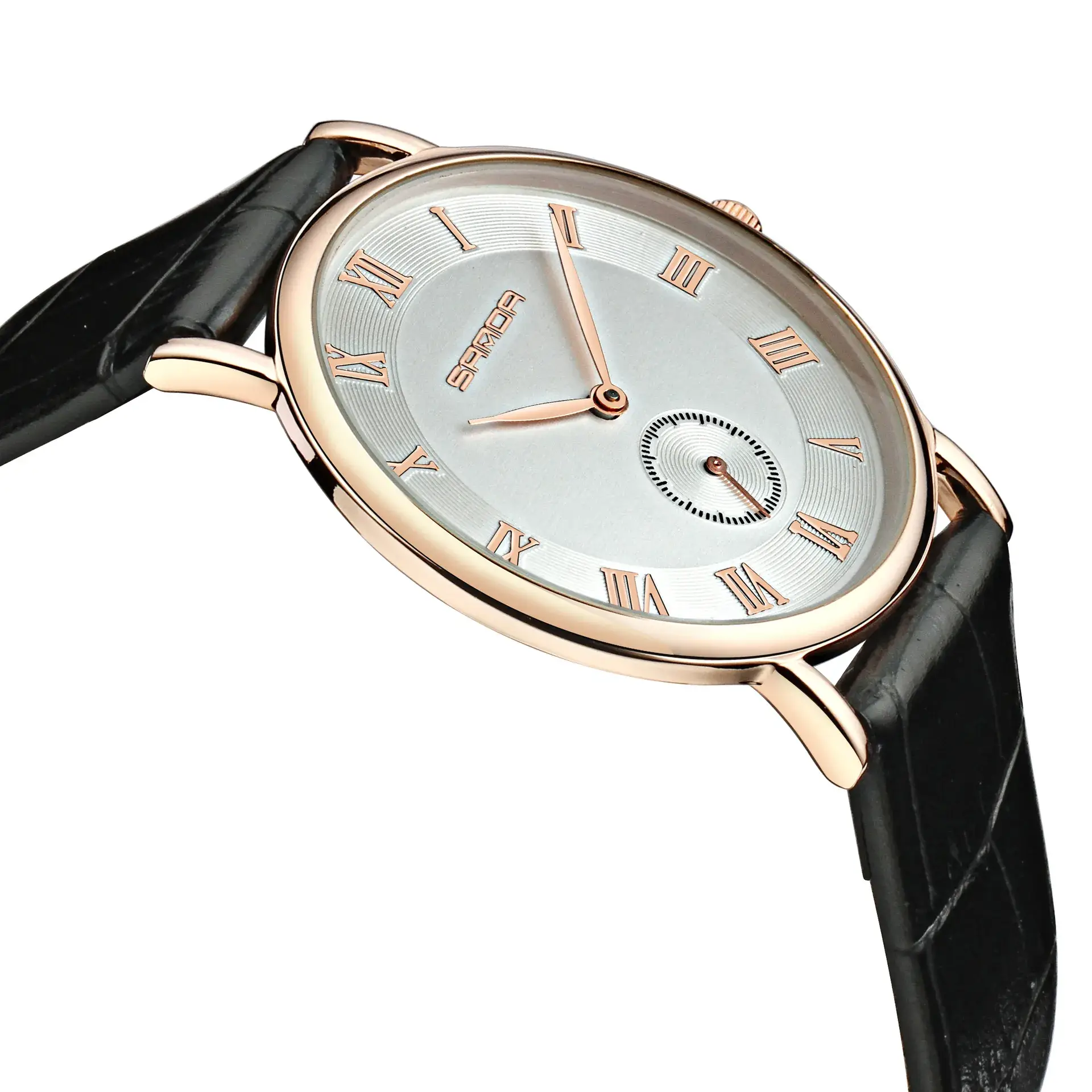 Men's Black Leather Strap Quartz Watch with Roman Numeral