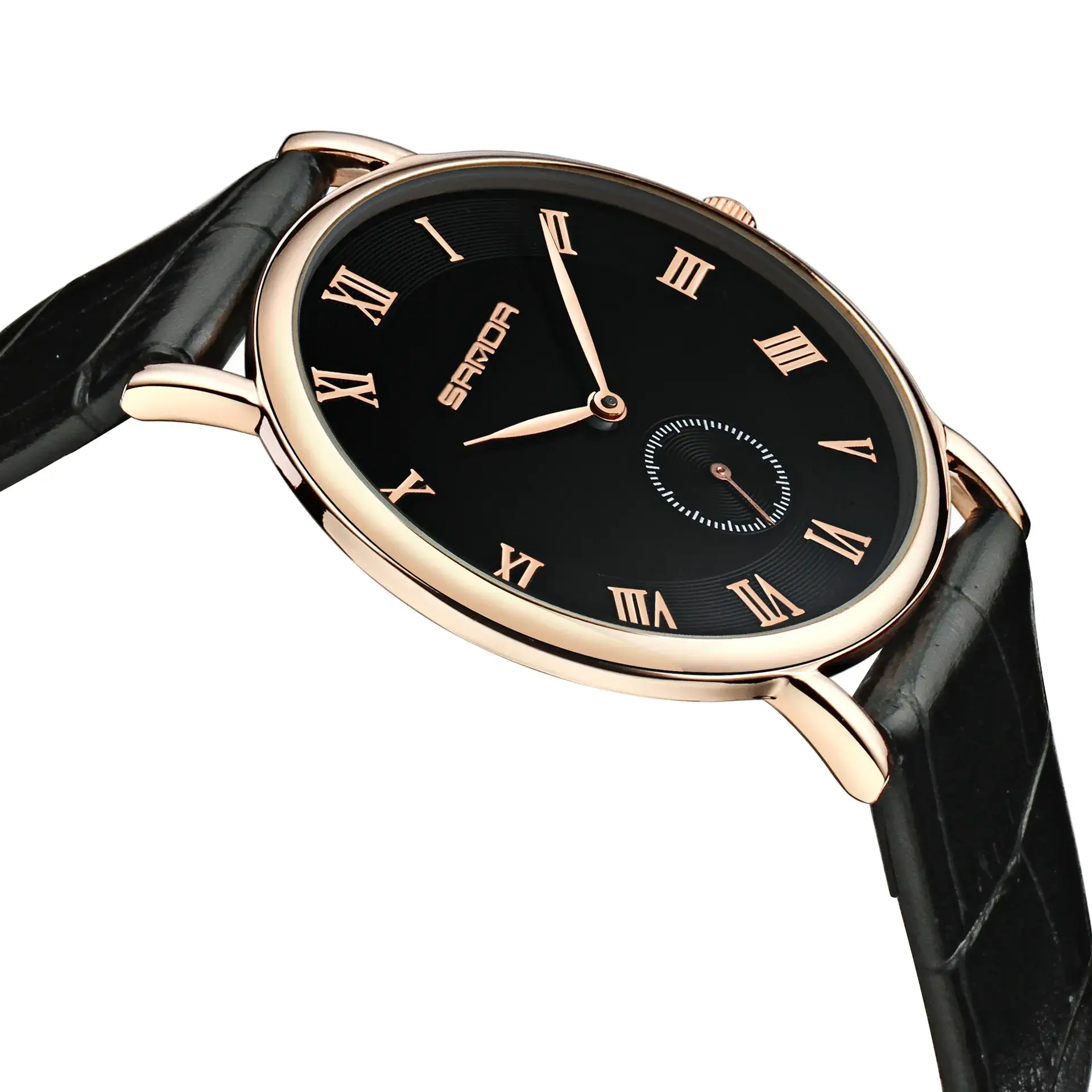 Men's Black Leather Strap Quartz Watch with Roman Numeral