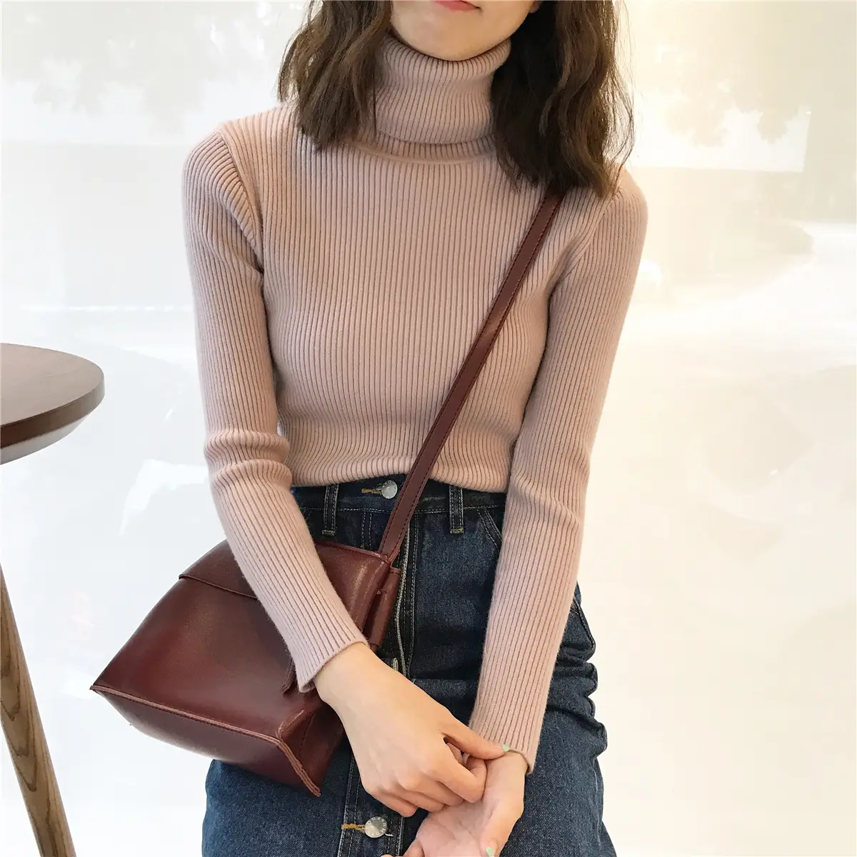 Black Thickened Korean Style Turtleneck Sweater with Red Bag - Image 32