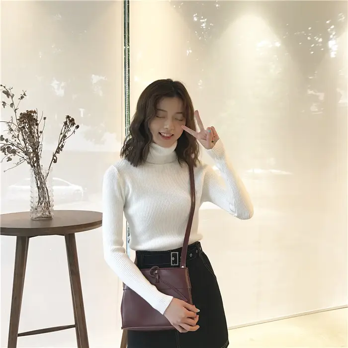 Black Thickened Korean Style Turtleneck Sweater with Red Bag — feature 21