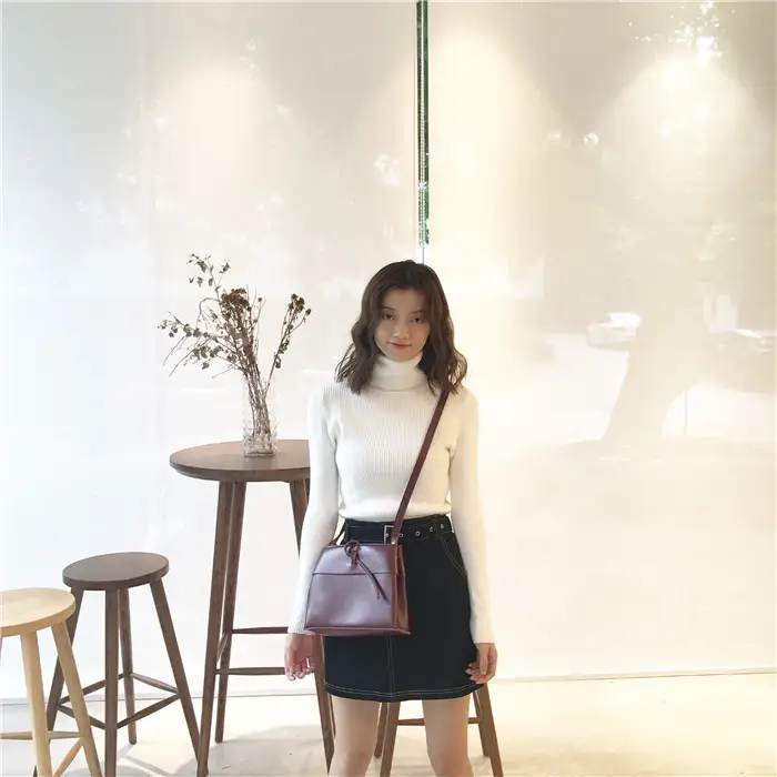 Black Thickened Korean Style Turtleneck Sweater with Red Bag — feature 22