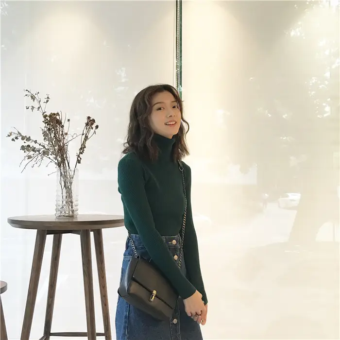 Black Thickened Korean Style Turtleneck Sweater with Red Bag — feature 29
