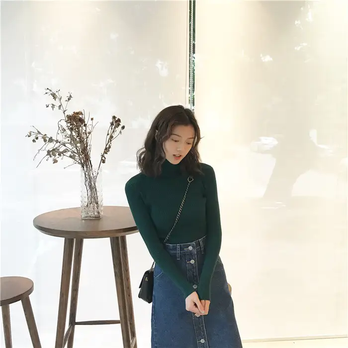 Black Thickened Korean Style Turtleneck Sweater with Red Bag — feature 31