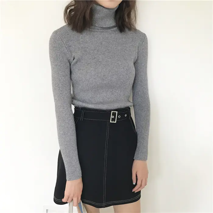 Black Thickened Korean Style Turtleneck Sweater with Red Bag — feature 34
