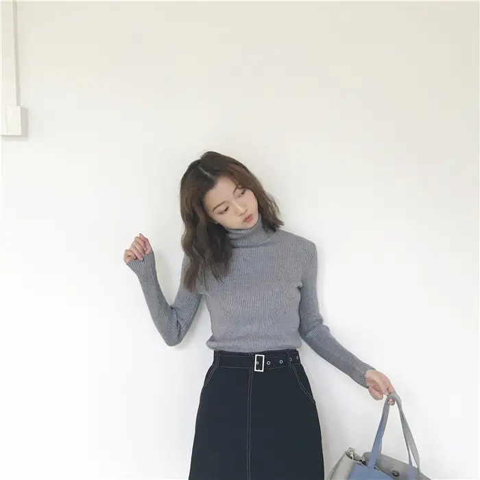 Black Thickened Korean Style Turtleneck Sweater with Red Bag — feature 36