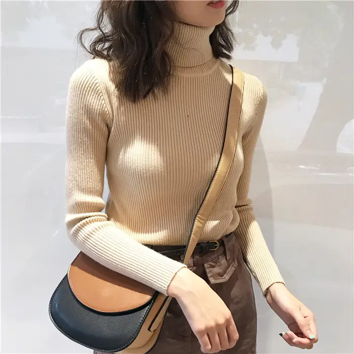 Black Thickened Korean Style Turtleneck Sweater with Red Bag — feature 38