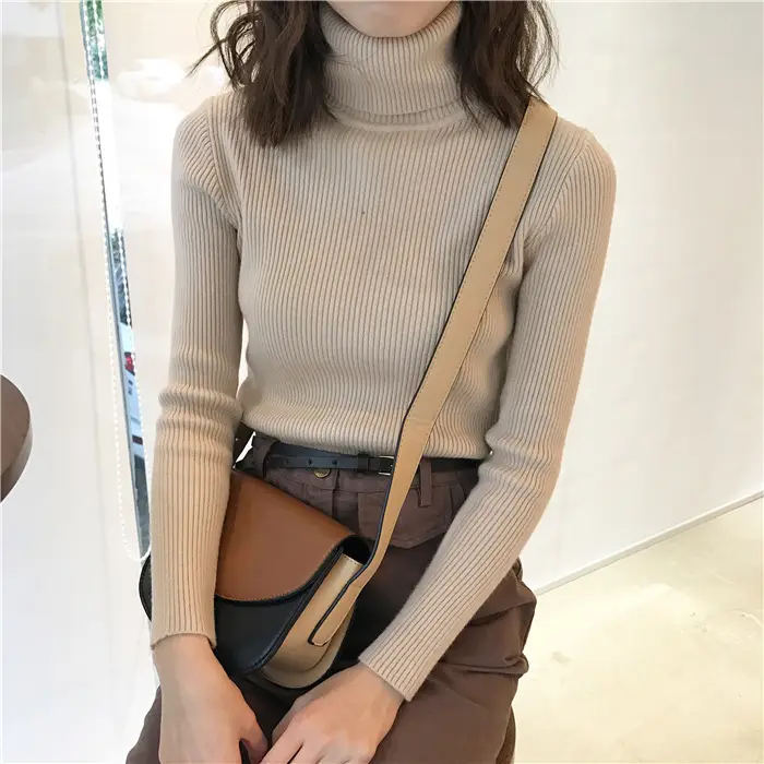 Black Thickened Korean Style Turtleneck Sweater with Red Bag — feature 39