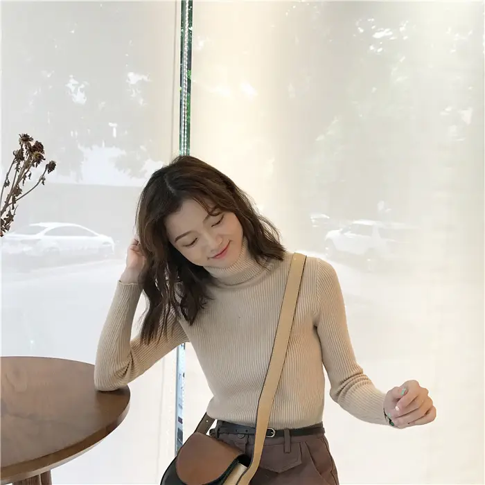 Black Thickened Korean Style Turtleneck Sweater with Red Bag — feature 42