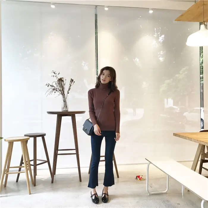 Black Thickened Korean Style Turtleneck Sweater with Red Bag — feature 46