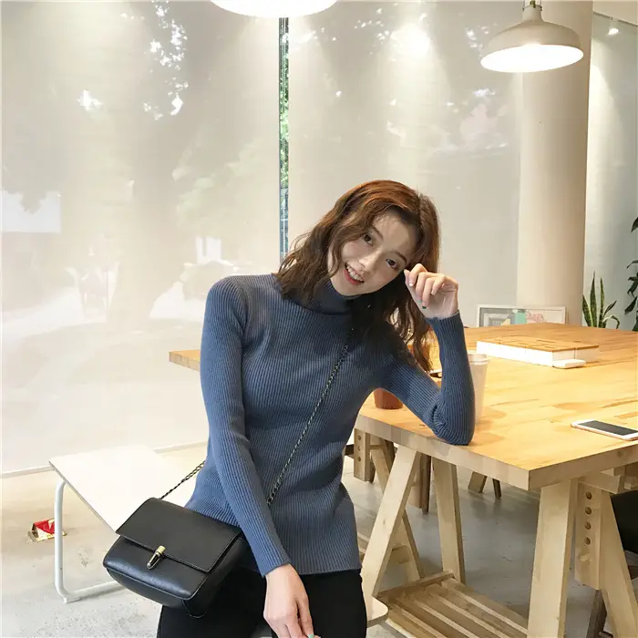 Black Thickened Korean Style Turtleneck Sweater with Red Bag — feature 50