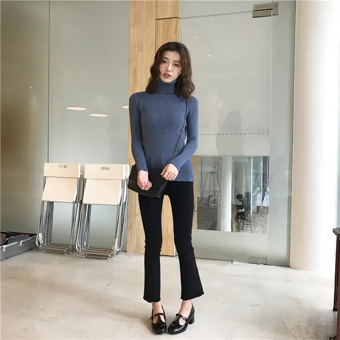 Black Thickened Korean Style Turtleneck Sweater with Red Bag — feature 53