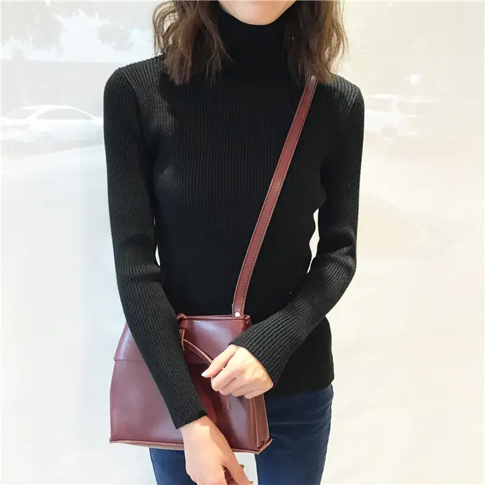Black Thickened Korean Style Turtleneck Sweater with Red Bag — feature 56