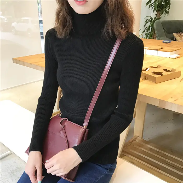 Black Thickened Korean Style Turtleneck Sweater with Red Bag — feature 57
