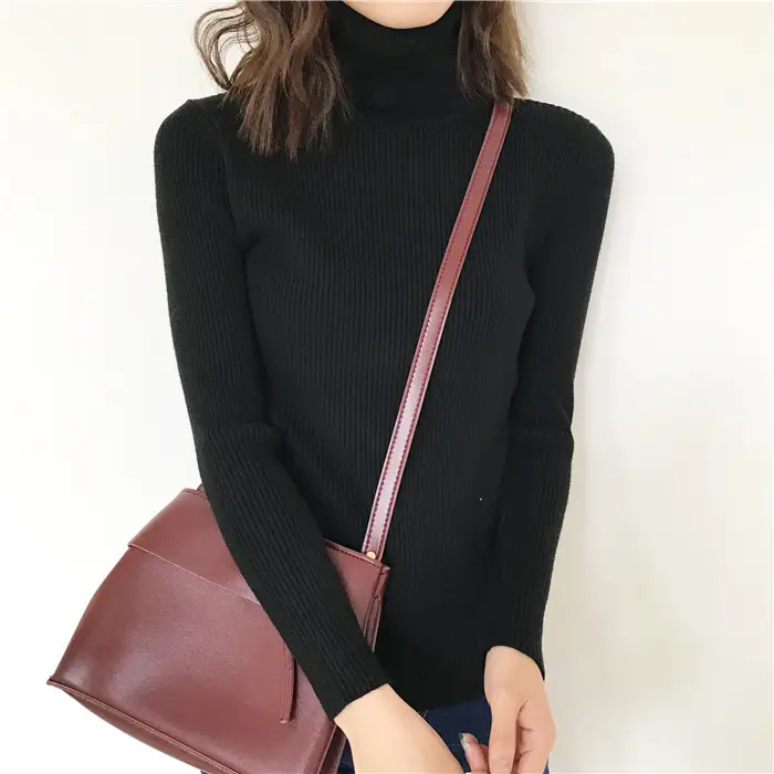 Black Thickened Korean Style Turtleneck Sweater with Red Bag — feature 58
