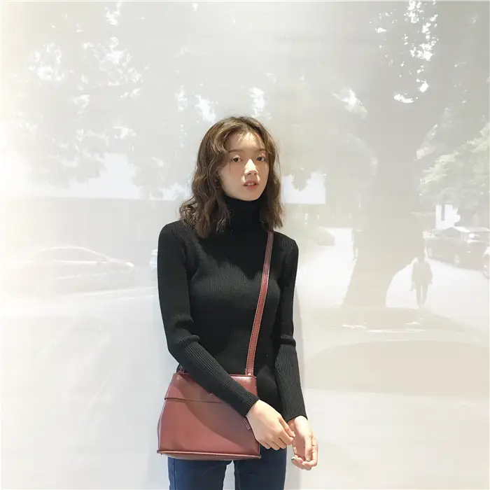 Black Thickened Korean Style Turtleneck Sweater with Red Bag — feature 59