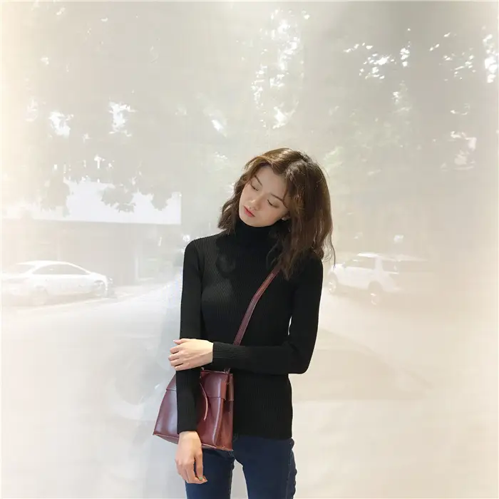 Black Thickened Korean Style Turtleneck Sweater with Red Bag — feature 60