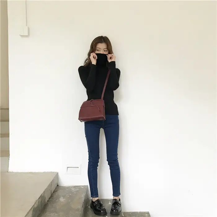 Black Thickened Korean Style Turtleneck Sweater with Red Bag — feature 61