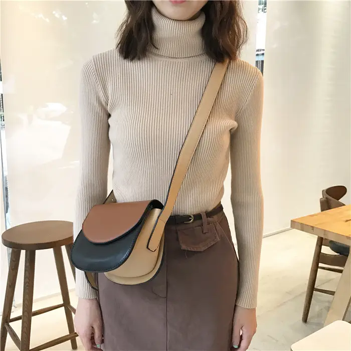Black Thickened Korean Style Turtleneck Sweater with Red Bag — feature 63