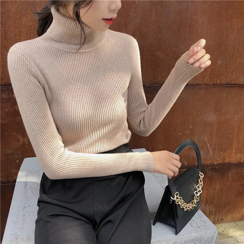 Black Thickened Korean Style Turtleneck Sweater with Red Bag - Image 15