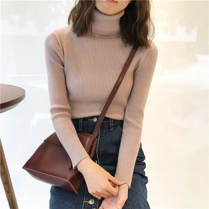 Black Thickened Korean Style Turtleneck Sweater with Red Bag - Image 17