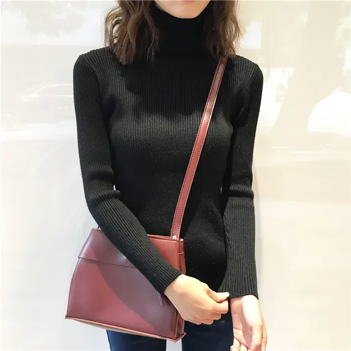 Black Thickened Korean Style Turtleneck Sweater with Red Bag - Image 25