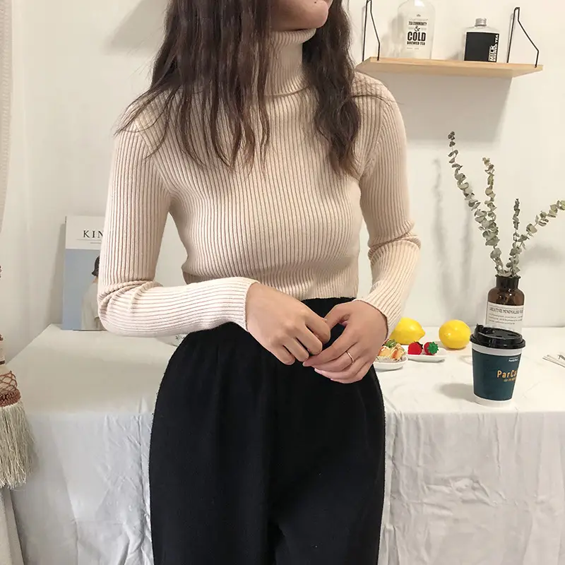 Black Thickened Korean Style Turtleneck Sweater with Red Bag - Image 3