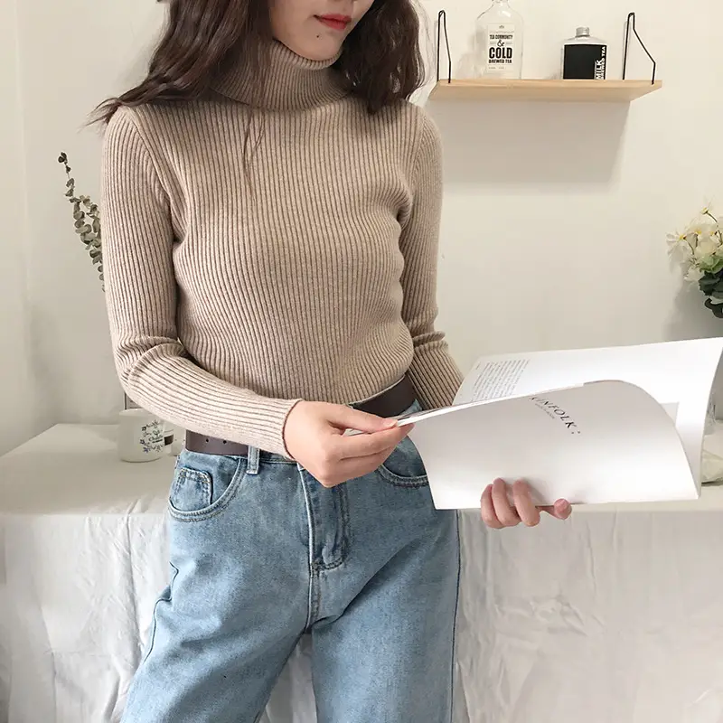 Black Thickened Korean Style Turtleneck Sweater with Red Bag - Image 4