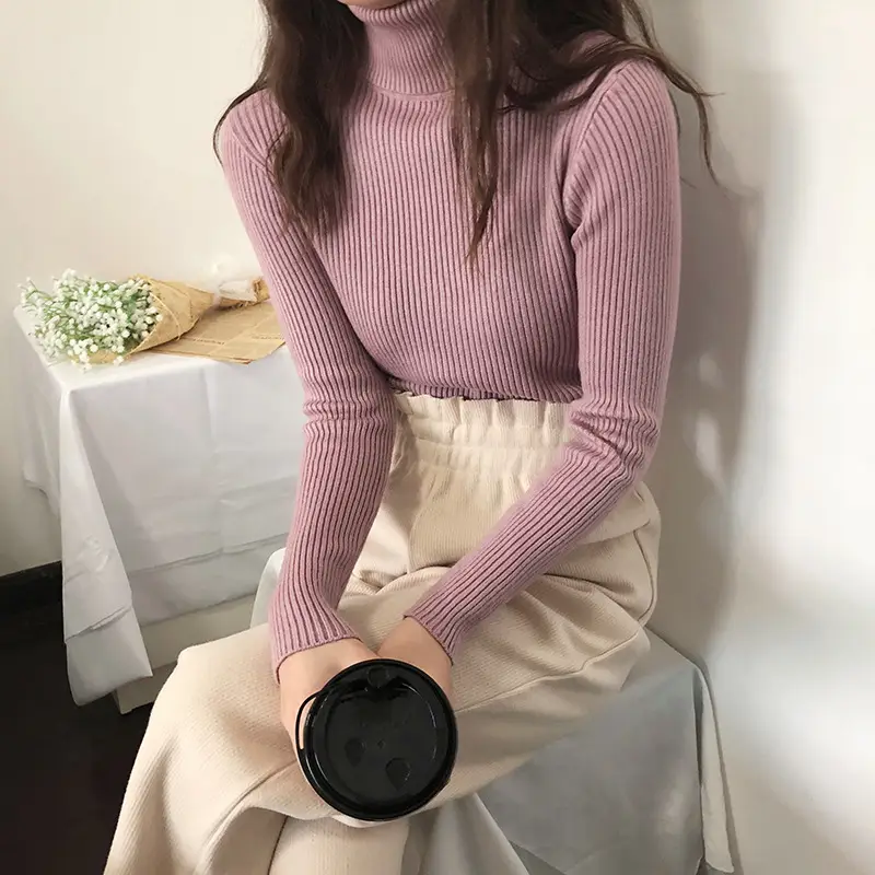 Black Thickened Korean Style Turtleneck Sweater with Red Bag - Image 6