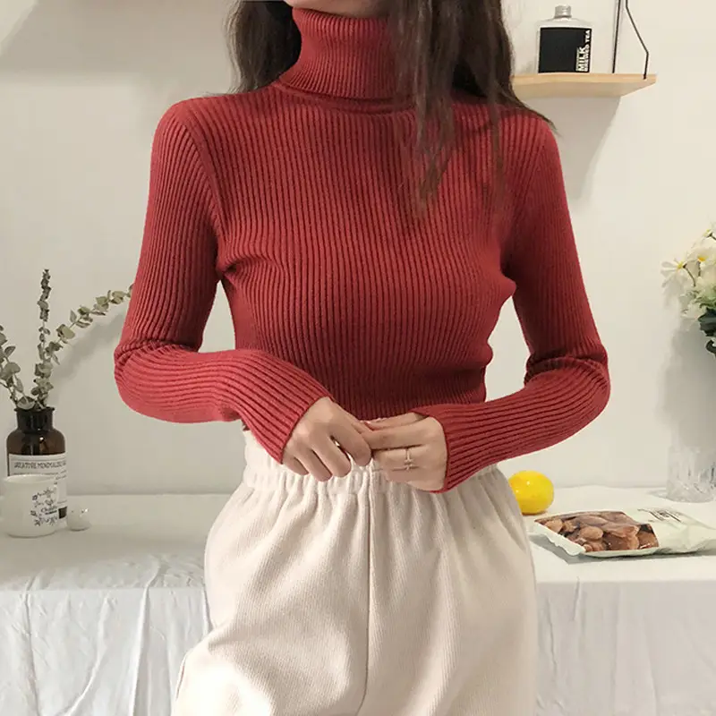 Black Thickened Korean Style Turtleneck Sweater with Red Bag - Image 9