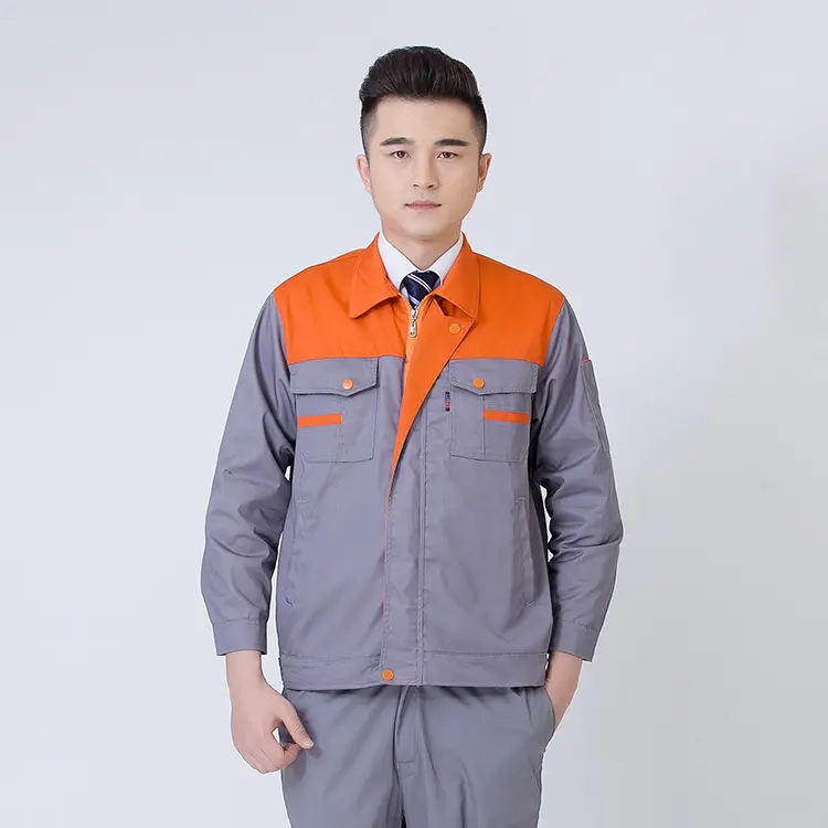 Men Long Sleeve Labor Protective Auto Repair Suit Orange Grey - Image 3