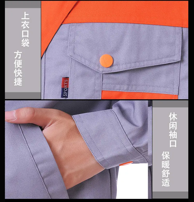 Men Long Sleeve Labor Protective Auto Repair Suit Orange Grey — feature 11