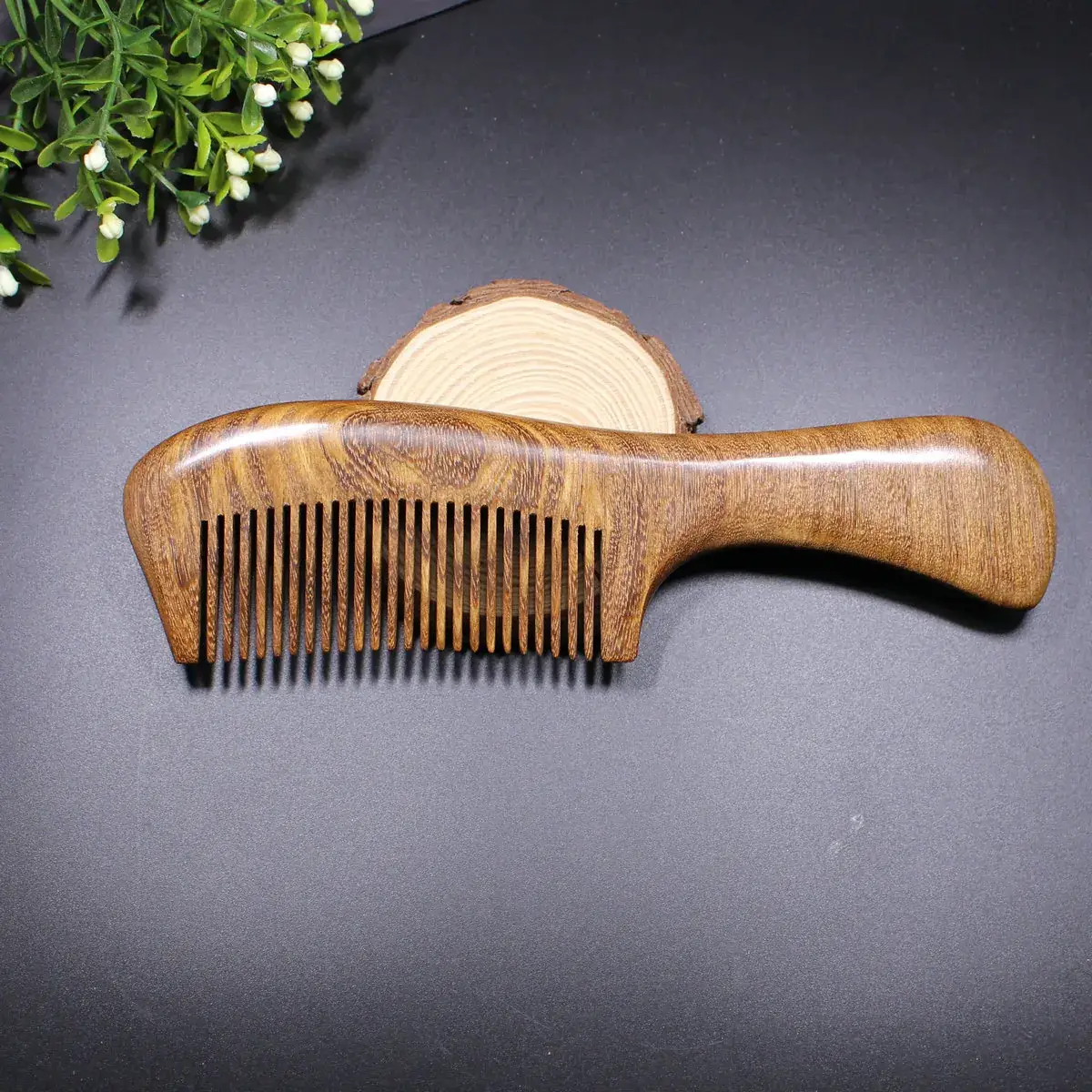 Natural Black Gold Sandalwood Hair Comb Whole Wood Long Handle - Image 3