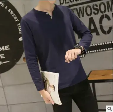 Men's Grey Long Sleeve V-Neck T-Shirt Slim Fit
