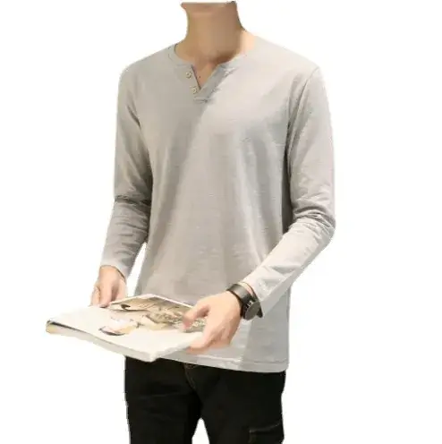 Men's Grey Long Sleeve V-Neck T-Shirt Slim Fit