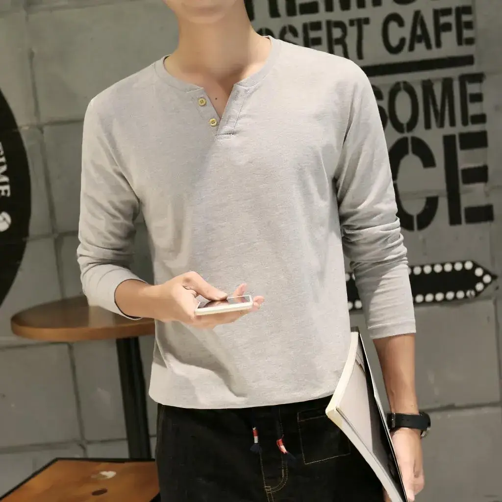 Men's Grey Long Sleeve V-Neck T-Shirt Slim Fit — feature 21