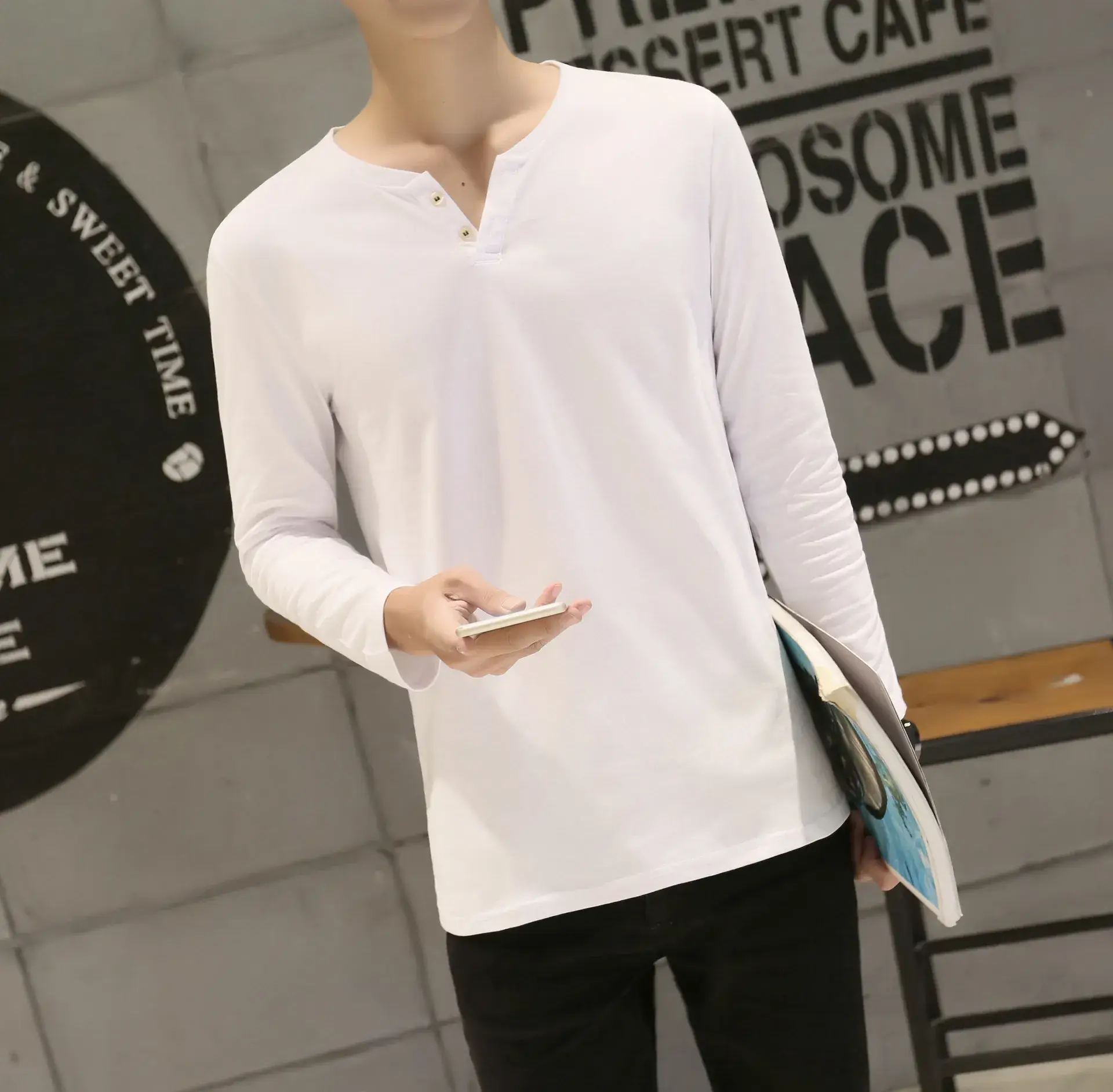 Men's Grey Long Sleeve V-Neck T-Shirt Slim Fit — feature 34