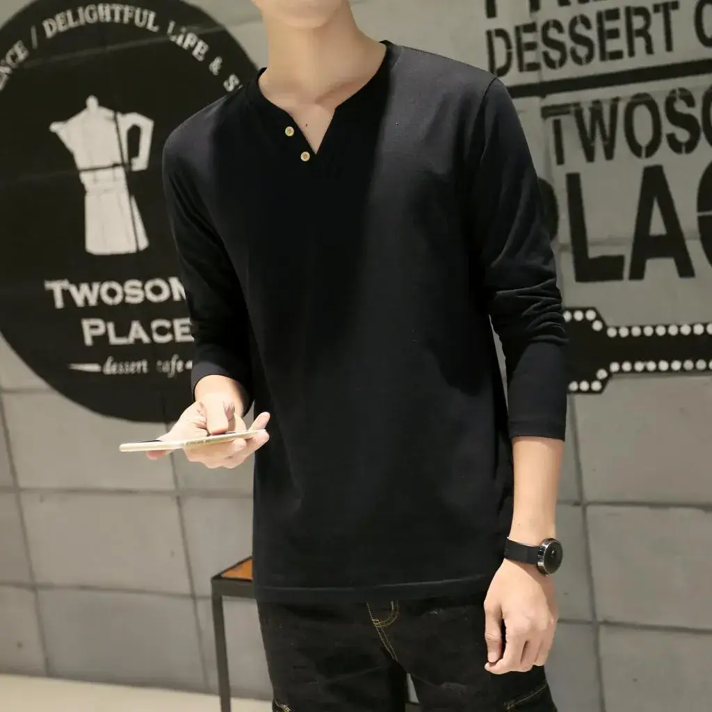 Men's Grey Long Sleeve V-Neck T-Shirt Slim Fit — feature 7