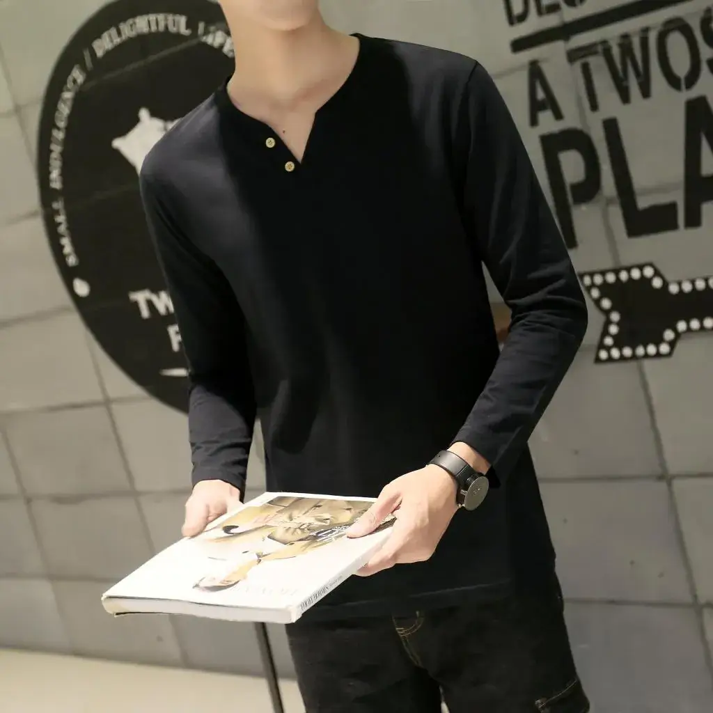 Men's Grey Long Sleeve V-Neck T-Shirt Slim Fit — feature 9