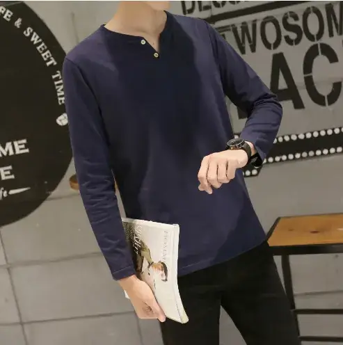 Men's Grey Long Sleeve V-Neck T-Shirt Slim Fit