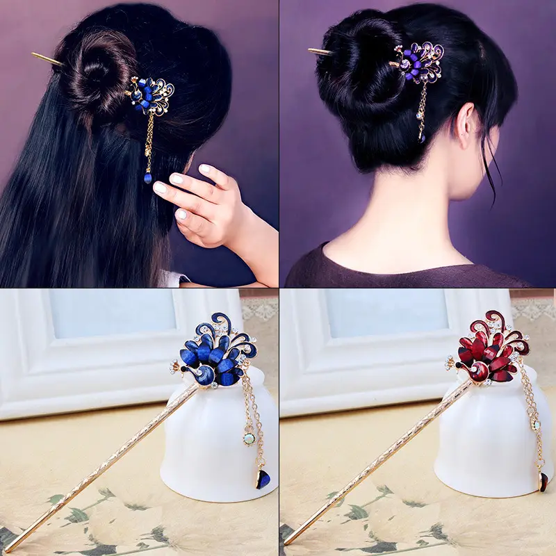 Pink Peacock Diamond Hairpin with Tassel