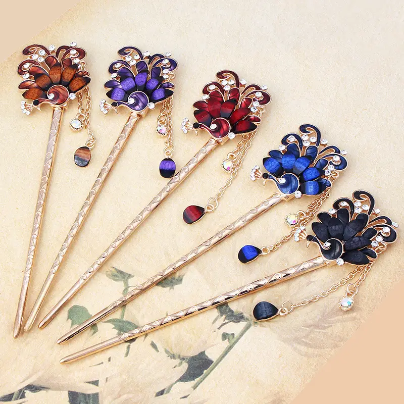 Pink Peacock Diamond Hairpin with Tassel