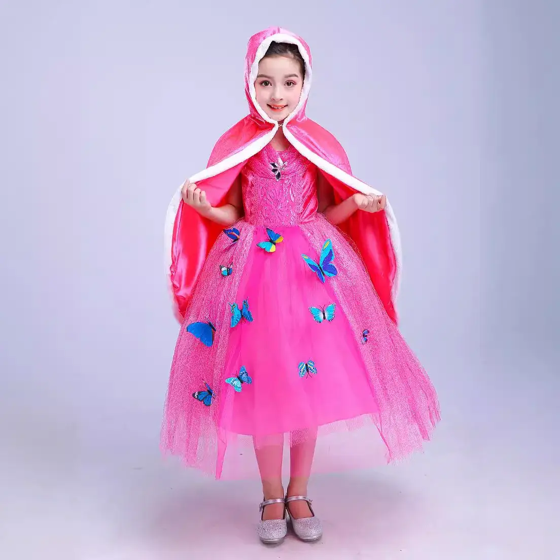 Girls Pink Tulle Cape with Blue Embellishments - Image 6