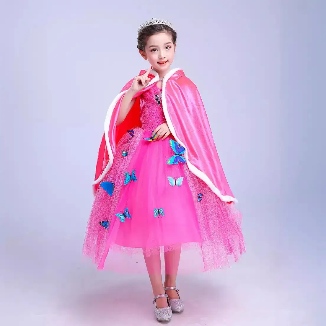 Girls Pink Tulle Cape with Blue Embellishments - Image 7