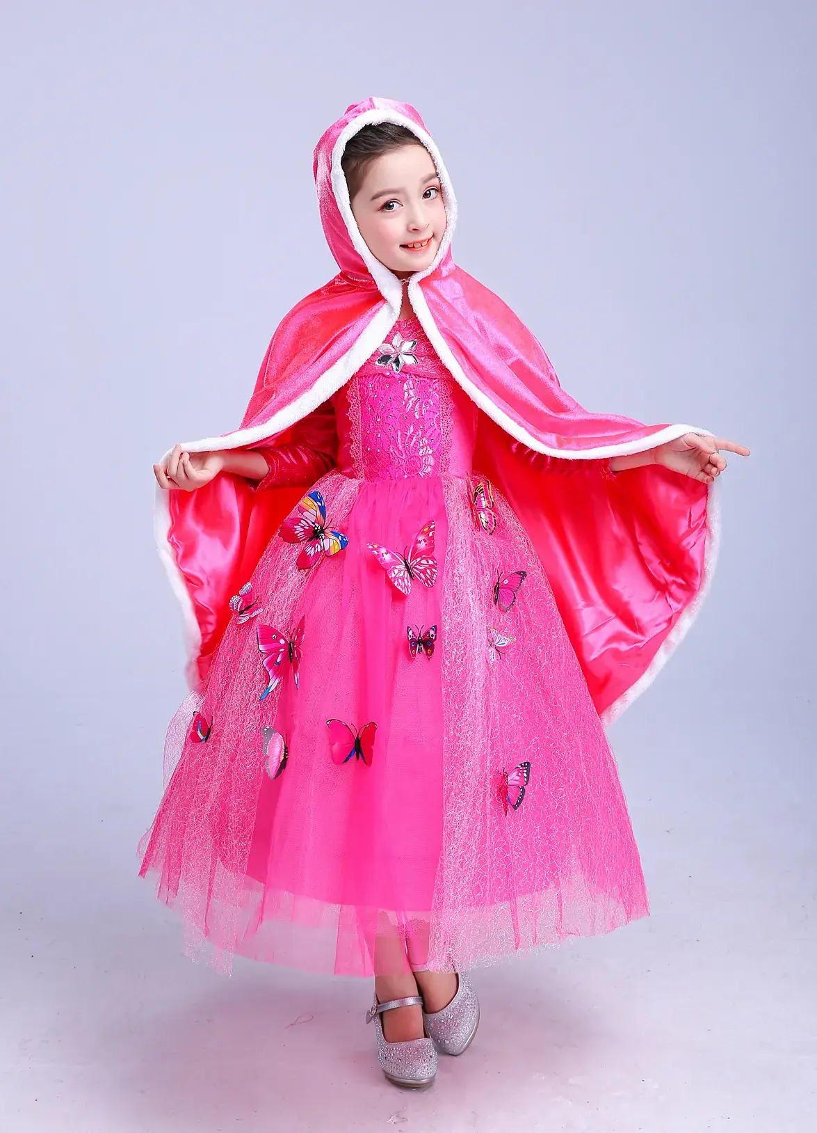 Girls Pink Tulle Cape with Blue Embellishments - Image 2