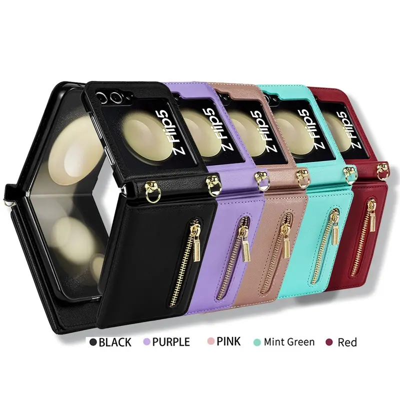 Pink Leather Z Flip7 Phone Case with Long Strap