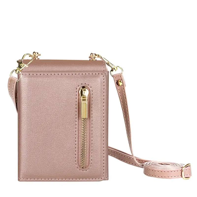 Pink Leather Z Flip7 Phone Case with Long Strap