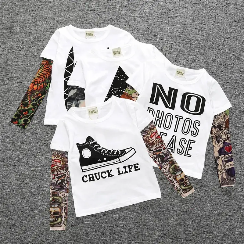 White Long Sleeve T-Shirt with Spliced Tattoo Sleeves