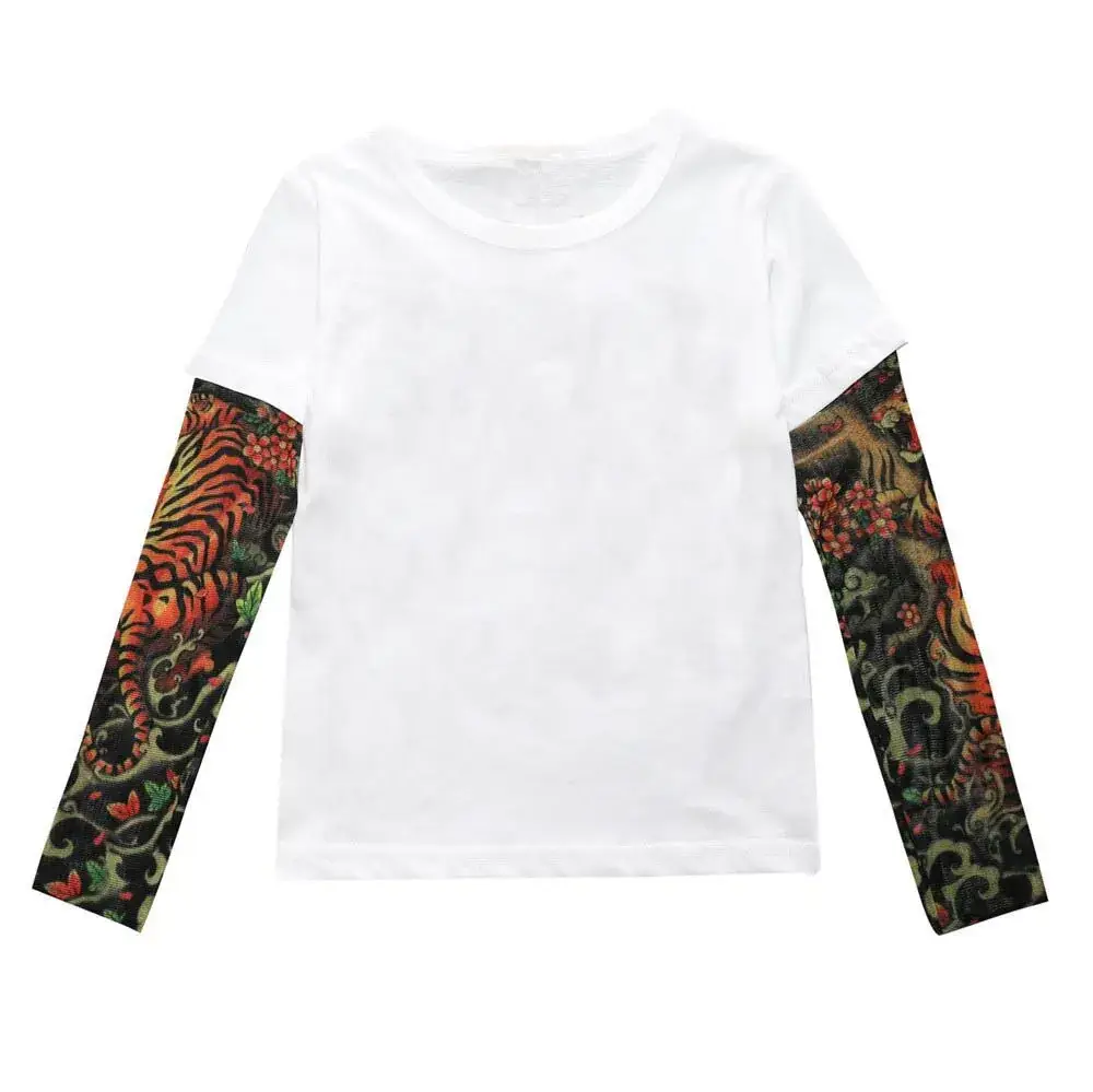 White Long Sleeve T-Shirt with Spliced Tattoo Sleeves